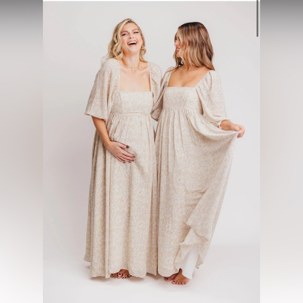 Tan Smocked Maxi Gown with Flutter Sleeves